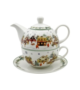 Christmas Village porcelain cup, jug and saucer, decorative box