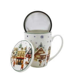 Christmas Village porcelain mug with infuser, decorative box