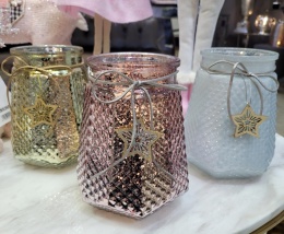 Lampion szklany 18cm złoty z drewn. gwiazdką (WT0119) h:18*15*10cm-20%