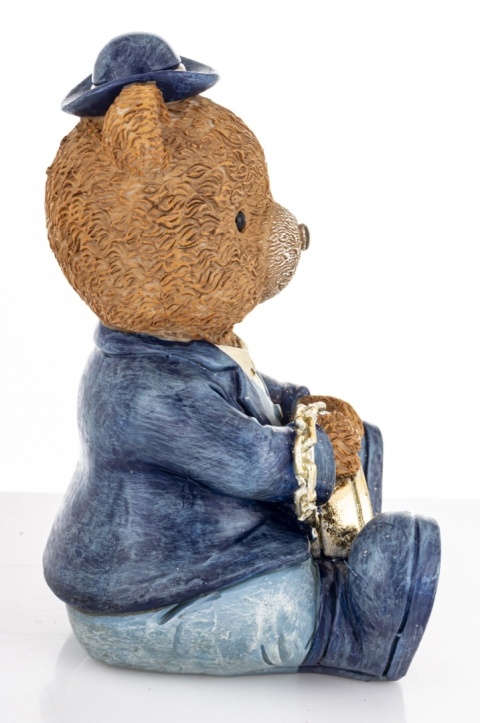 Teddy bear with a watch sitting in a blue suit, polyresin (180943)