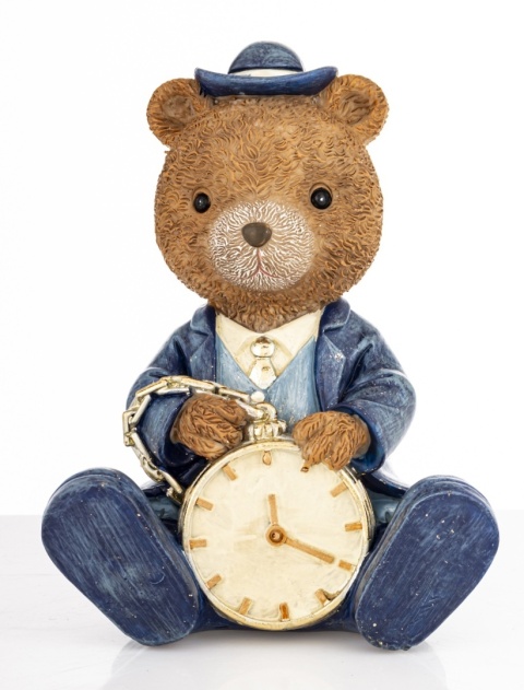 Teddy bear with a watch sitting in a blue suit, polyresin (180943)