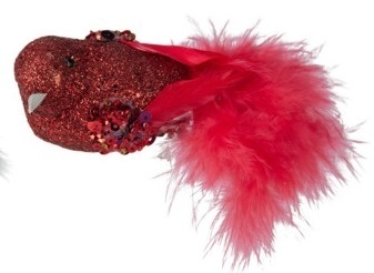 Set of 2 red brocade birds with feather tails (510903)
