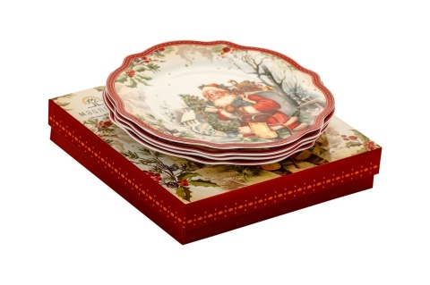 Kpl. 4 talerze porcelanowe fi19cm Mikołaj vintage ozdobne pudełko (555-7201)