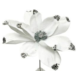 Magnolia welurowa biała duża srebrny brokat (RF0977)