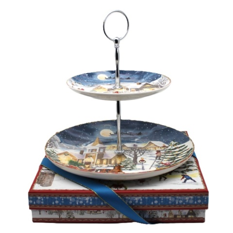 Patera dwupoziomawa ceramiczna "świąteczna wioska" (PG-19871) w ozdobnym pudełku