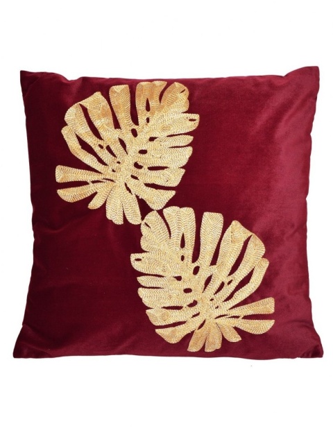Poduszka welurowa bordowa ze złotymi liśćmi 45*45cm (8319)-20%