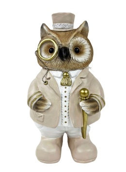 Standing owl in a beige polyresin frock coat (RF0293)