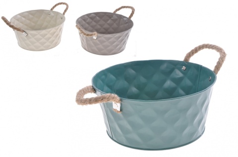 Osłonka metal. na doniczkę 3kol. płaska h:10,2cm uchwyt sznurek (QX-1904185S)