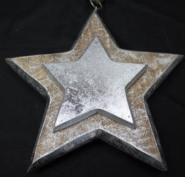 Zawieszka gwiazdka drewniana przecierana srebrna 16cm (CH1-07649)-20%