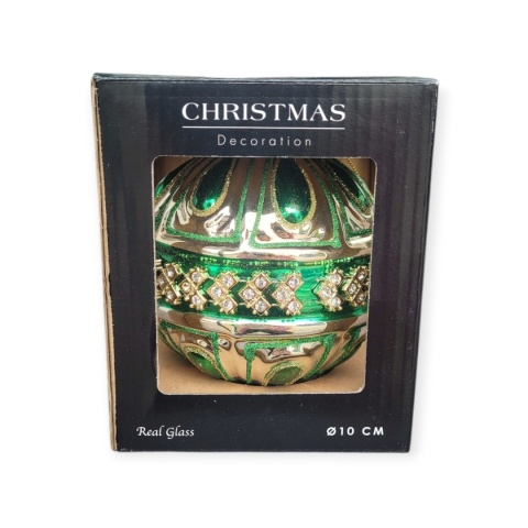 Glass bauble 10cm embossed green with zircons (523401)