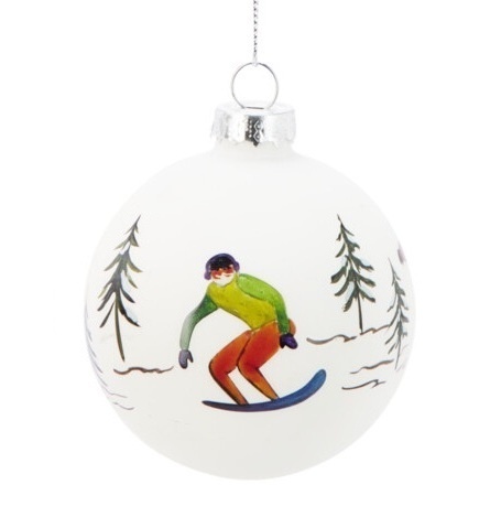 Glass bauble 8cm matt white skiers with Christmas tree (518797)