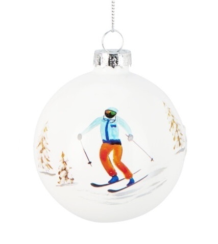 Glass bauble 8cm white opal skiers (518797)