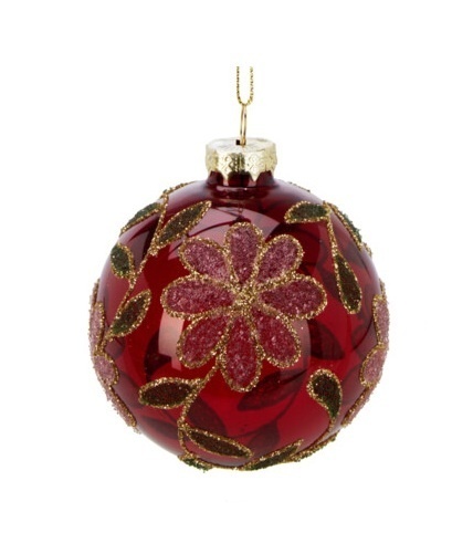 Glass bauble 8cm sugar flowers transparent red (523386)