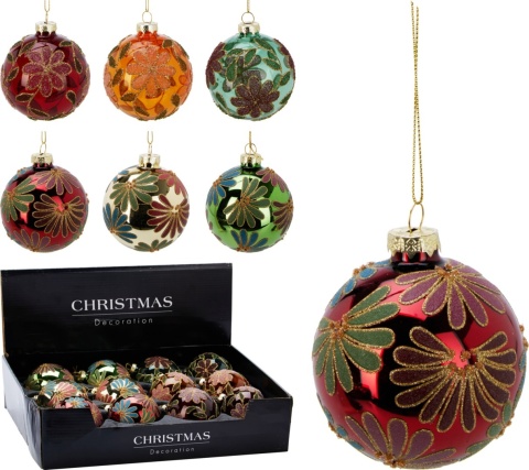 Glass bauble 8cm sugar flowers transparent red (523386)