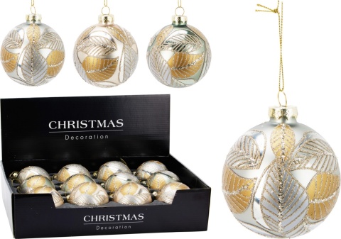 Bombka szklana 8cm khaki mat złote liście brokatowe (518801)