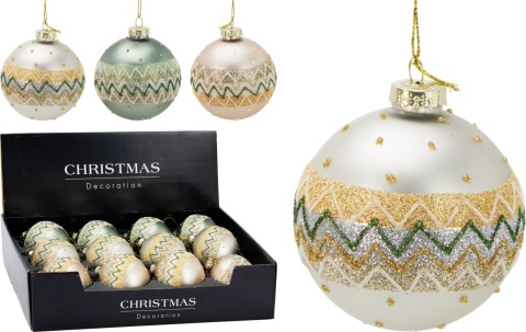 Glass bauble 8cm matte pearl glitter pattern (523381)