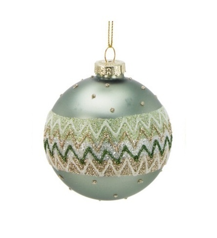 Glass bauble 8cm matte green glitter pattern (523381)