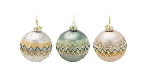Glass bauble 8cm matte green glitter pattern (523381)