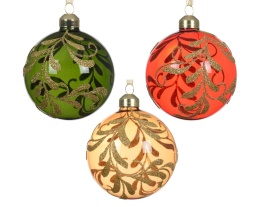 Glass bauble 8cm transparent red, gold glitter (070650)