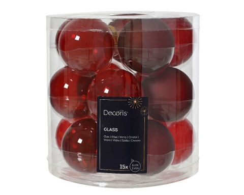 Glass baubles 6cm red mix tube 15pcs (142500)