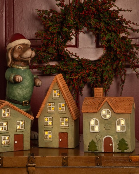 Ceramic house retro green LED (POR10734)