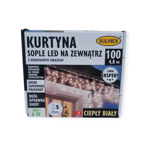 Kurtynka sople LED zewnętrzna 100L +gniazdo 5m/6W gruby kabel (25-658) kolor biały ciepły