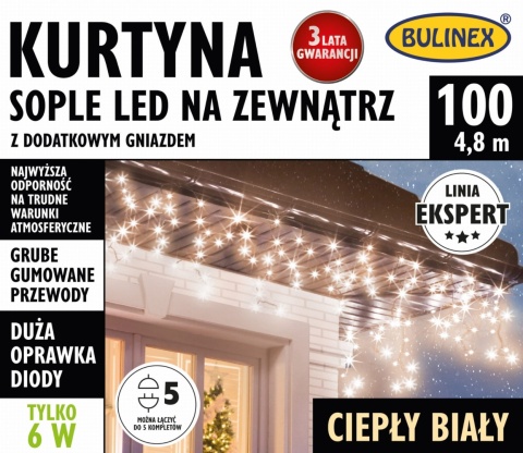 Kurtynka sople LED zewnętrzna 100L +gniazdo 5m/6W gruby kabel (25-658) kolor biały ciepły