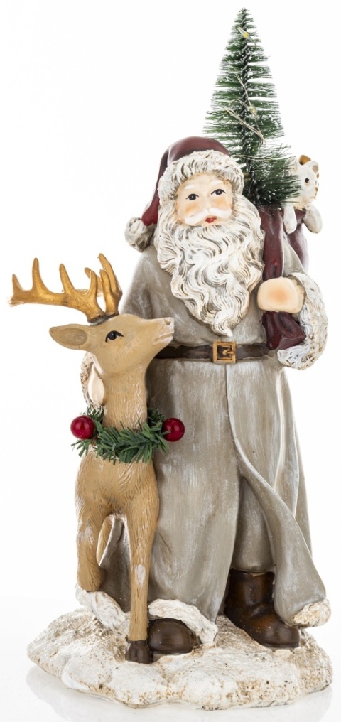 Gray Santa Claus with reindeer and LED Christmas tree, polyresin (172565)