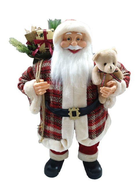 Santa Claus with teddy bear standing 80cm in a checked coat (RF0337)