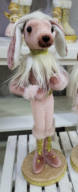 Piesek 39cm róż welur ON na złotej podstawie (NB0768) h:39x11,5cm