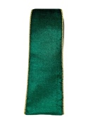 Bottle green velvet ribbon on a spool with a gold edge (RF0538)
