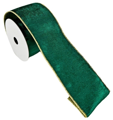 Bottle green velvet ribbon on a spool with a gold edge (RF0538)