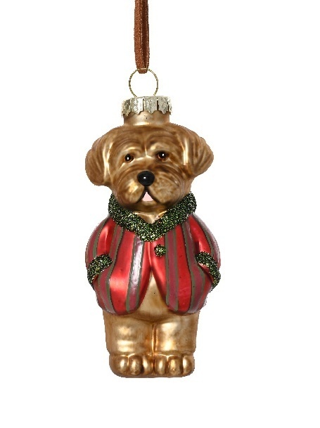 Glass bauble: Dog, striped jacket, green collar (125107)