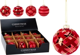 Glass bauble 8cm matte red velvet stripes (512271)