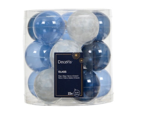 Glass baubles 6cm blue and white mix tube 15pcs (142516)