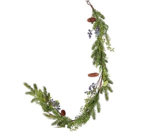 Garland 150cm mix of green branches, navy blue fruits and pine cones (CV37396)