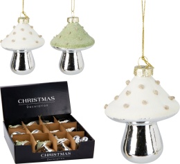 Flocked glass mushroom 9cm on a green and silver clip (513340)