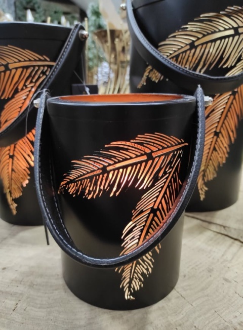 Lampion metalowy czarno złoty liście z uchwytem mały (IS0456) -20%