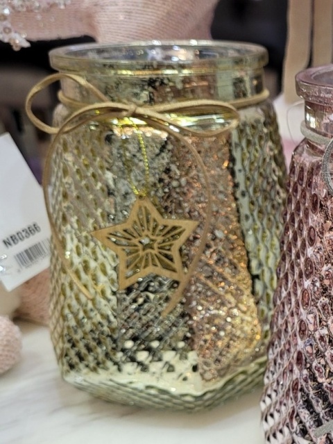 Lampion szklany 18cm złoty z drewnianą gwiazdką (WT0119)-20%