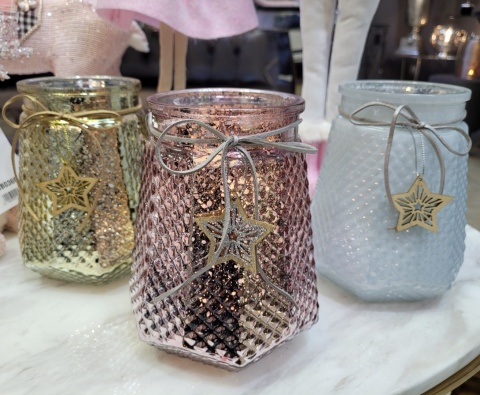 Lampion szklany 18cm złoty z drewnianą gwiazdką (WT0119)-20%