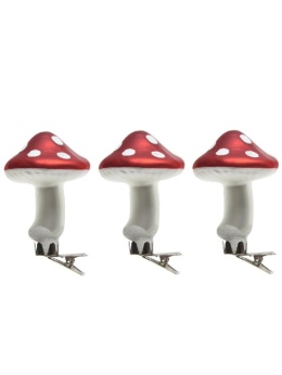 Glass toadstools on a clip, flat, set of 3 (129241)