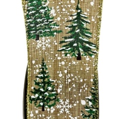 Ribbon on a spool linen green Christmas trees gold edge (RF0537)